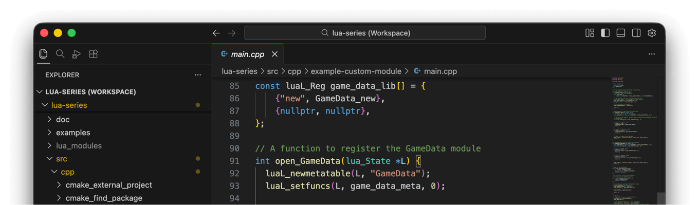 Showing a VSCodium window in dark mode, a C++ file open with some Lua library C-API code. At the bottom the CMake file for the project. The sidebar on the left, showing the contained project files that get built in this part of the series.